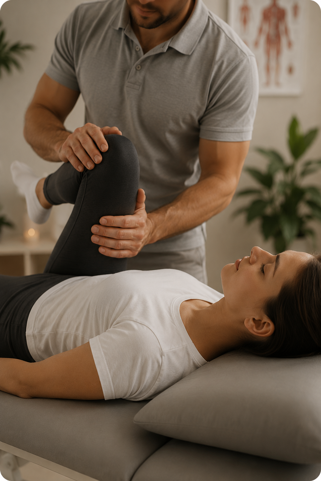 Physical therapist gently holds a woman's leg as she lies on a treatment table, assisting a knee stretch exercise in a clinic.